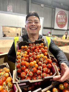 Man holding tray of cherry tomatoes